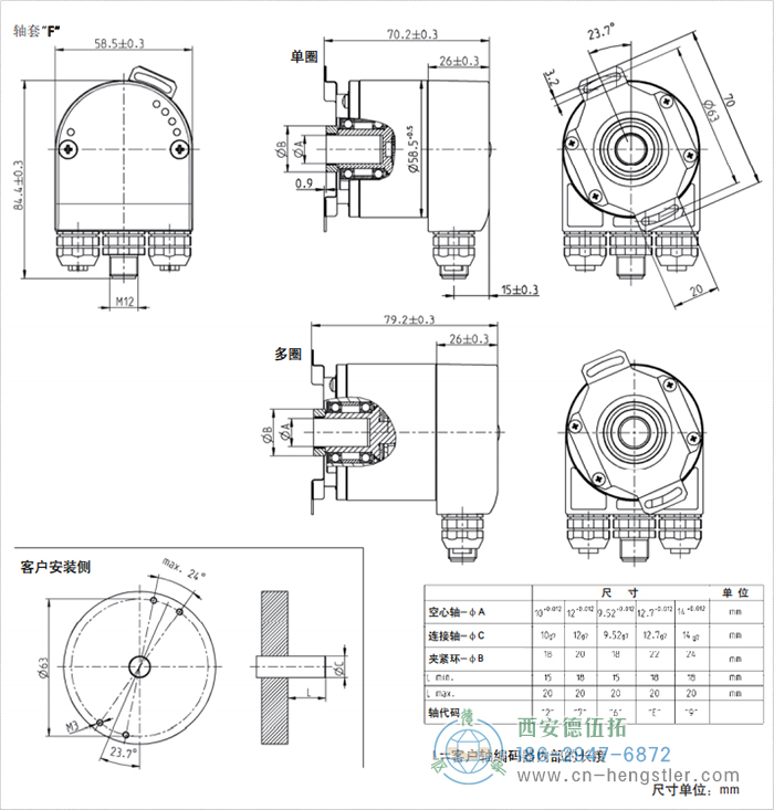 AC58-EtherCAT光电绝对值编码器外形及安装尺寸(轴套F) 德国hengstler(亨士乐)编码器