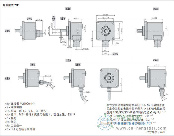 AC58-Interbus标准光电绝对值型编码器外形及安装尺寸(方形法兰Q) 德国hengstler(亨士乐)编码器