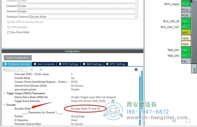 配置一下编码模式，选择“……TI1 and TI2”，这样就会上升下降沿都计数，实际脉冲数数值上是栅格的4倍。